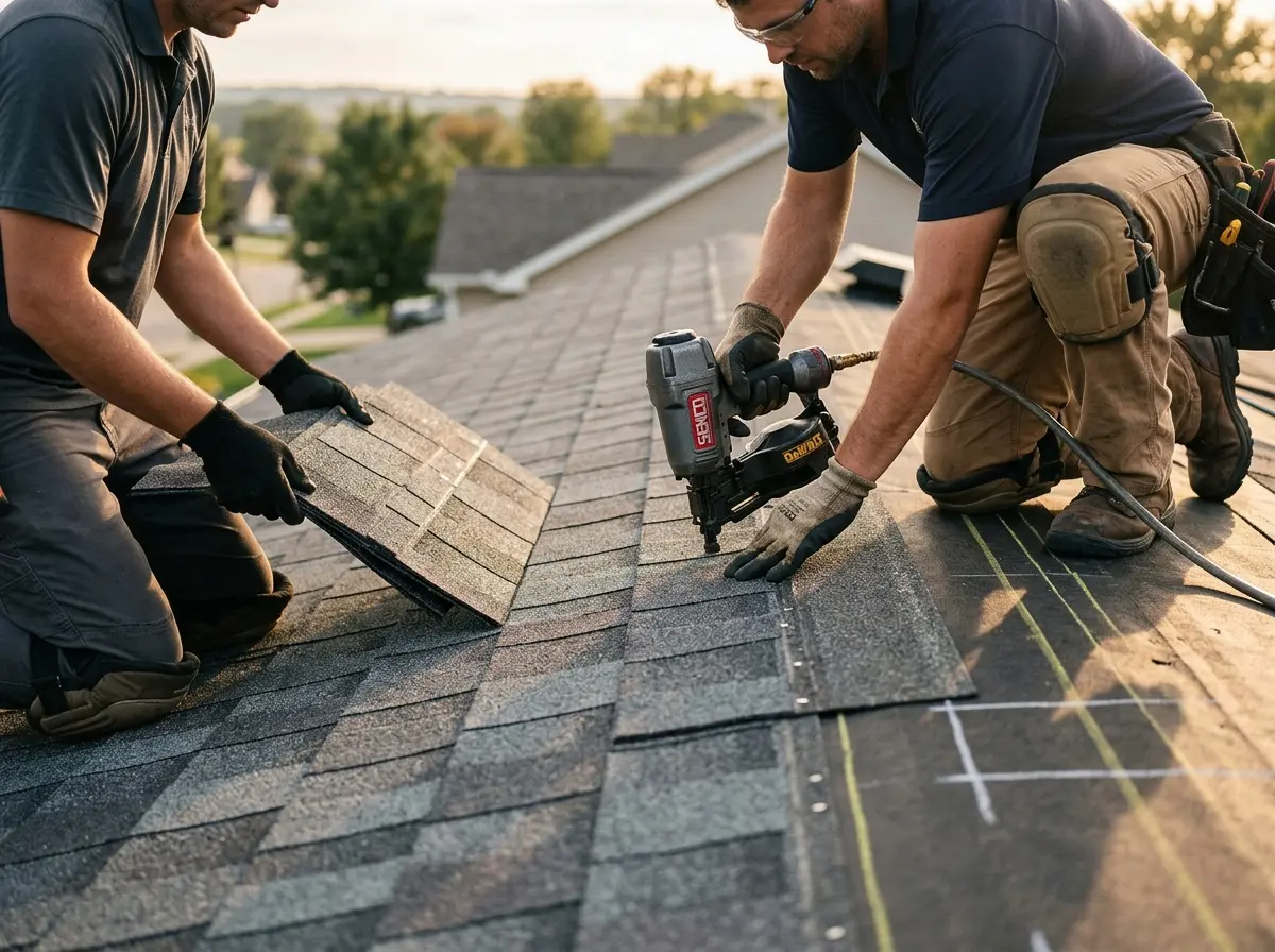 Professional roofer working on a residential roof in Summerfield